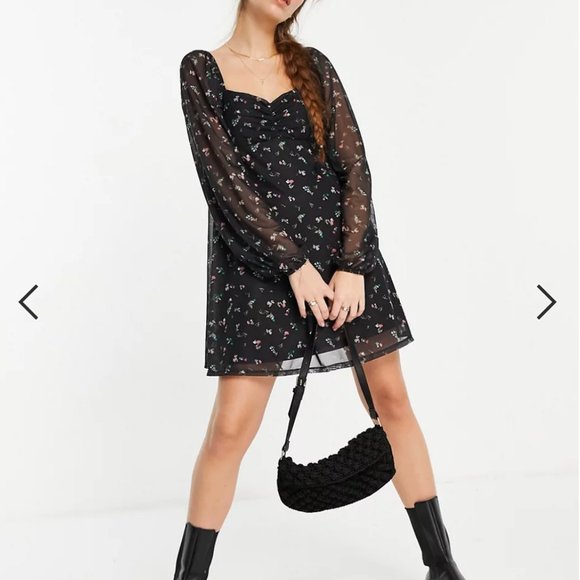 Floral Long Sleeve Mesh Mini Dress w/ Ruched Front - Picture 8 of 9